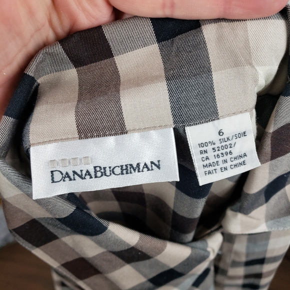 Vintage 90's Designer Dana Buchman Brown & Cream Plaid Silk Button Down Top 6 - Picture 15 of 16